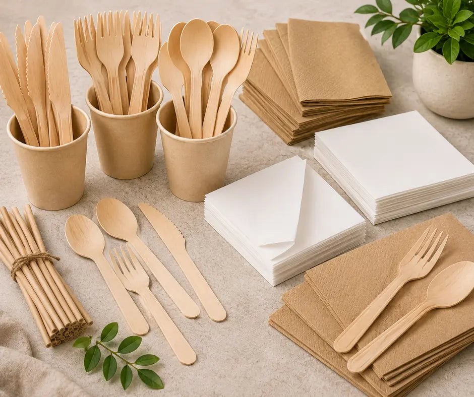 Disposable wooden cutlery and napkins for catering and takeaway