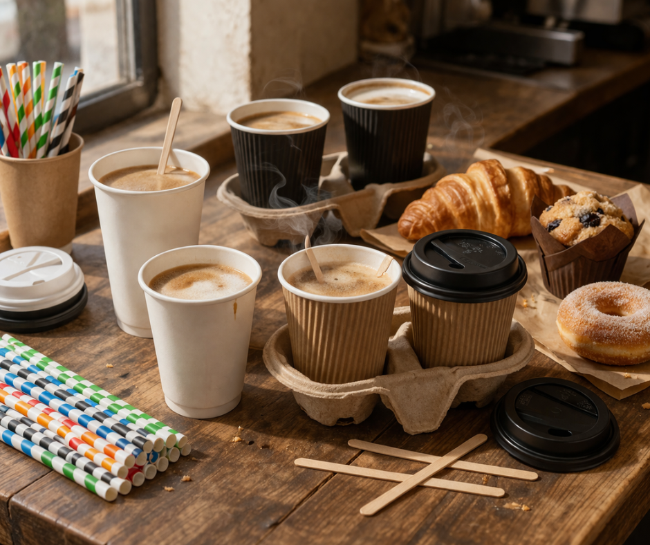 Disposable coffee cups and clear smoothie cups for takeaway drinks
