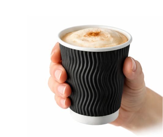 8oz Black Ripple Paper Cups (225ml) – Insulated Disposable Coffee Cups