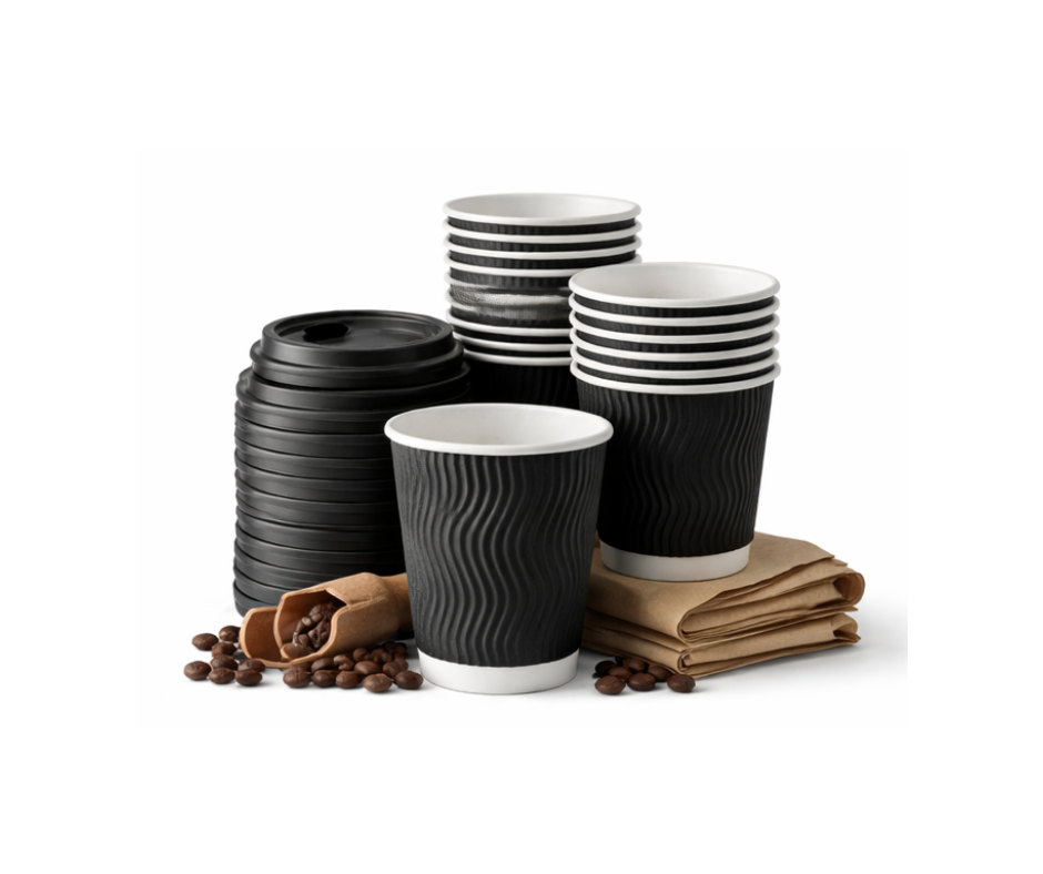 8oz Black Ripple Paper Cups (225ml) – Insulated Disposable Coffee Cups