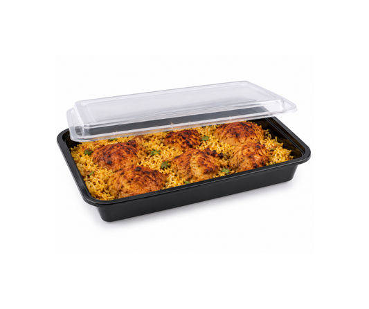 58oz Rectangular Black Plastic Container and Clear Lid YePack