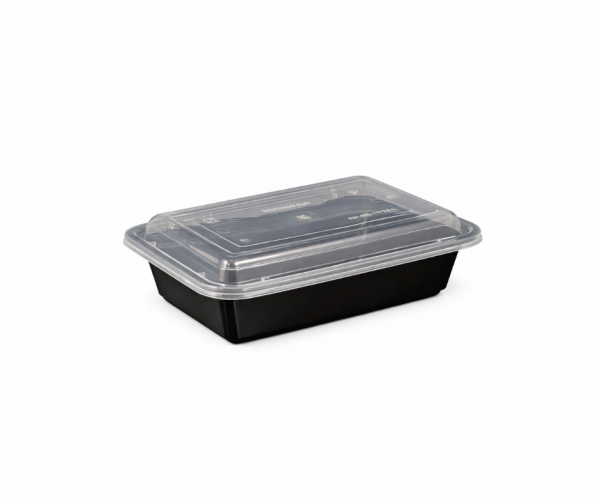 24oz Rectangular Black Plastic Container and Clear Lid