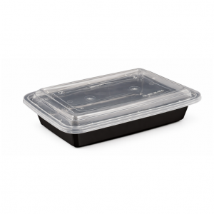 28oz Black Plastic Container and Clear Lid Create a product hero image. The original image is being provided as a sample for reference. Do not change anything, no text, no logo on the image. Clear white background. Remove the shadow in the image.