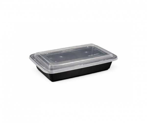 32oz Rectangular Black Plastic Container and Clear Lid